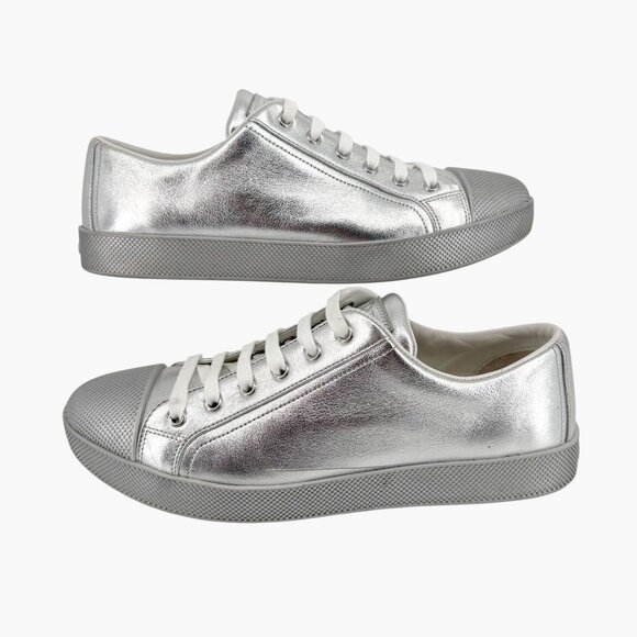 Prada Cap Toe Low Top Sneakers Size 41 US 11 Metallic Silver Leather Logo Shoe - Picture 7 of 14
